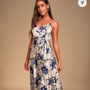 Lulus NWT Navy Blue Floral Print Satin Maxi Dress